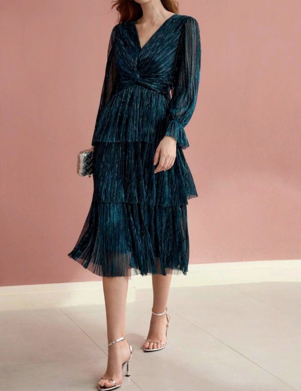 New Metallic Twist Layered Ruffle Midi Dress Long Sleeve Teal Blue